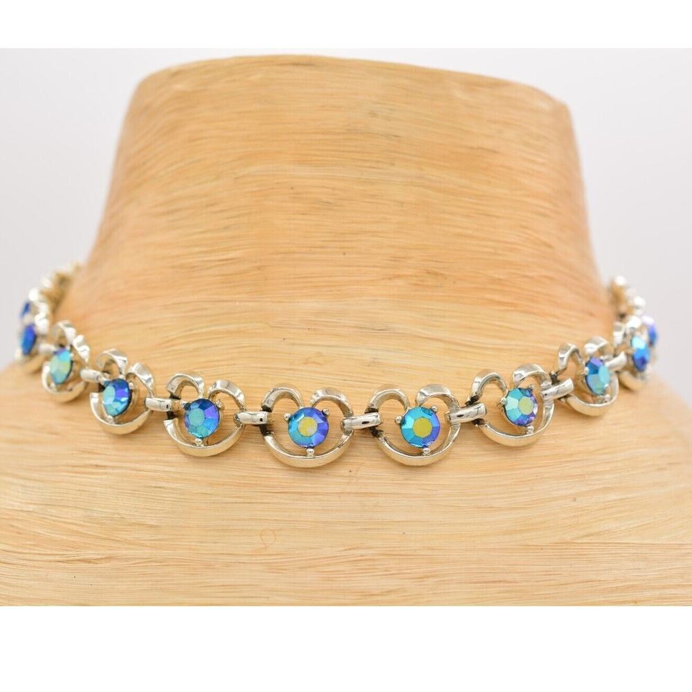 Vintage Crystal Choker Necklace AB Blue Rhinestone Silver Tone Sparkling BinA